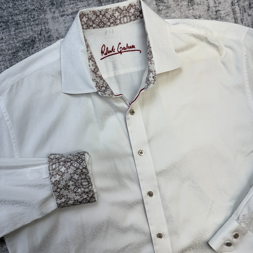 Robert Graham Shirt XL White Jacquard Paisley Embossed Flip Cuff Party Luxury